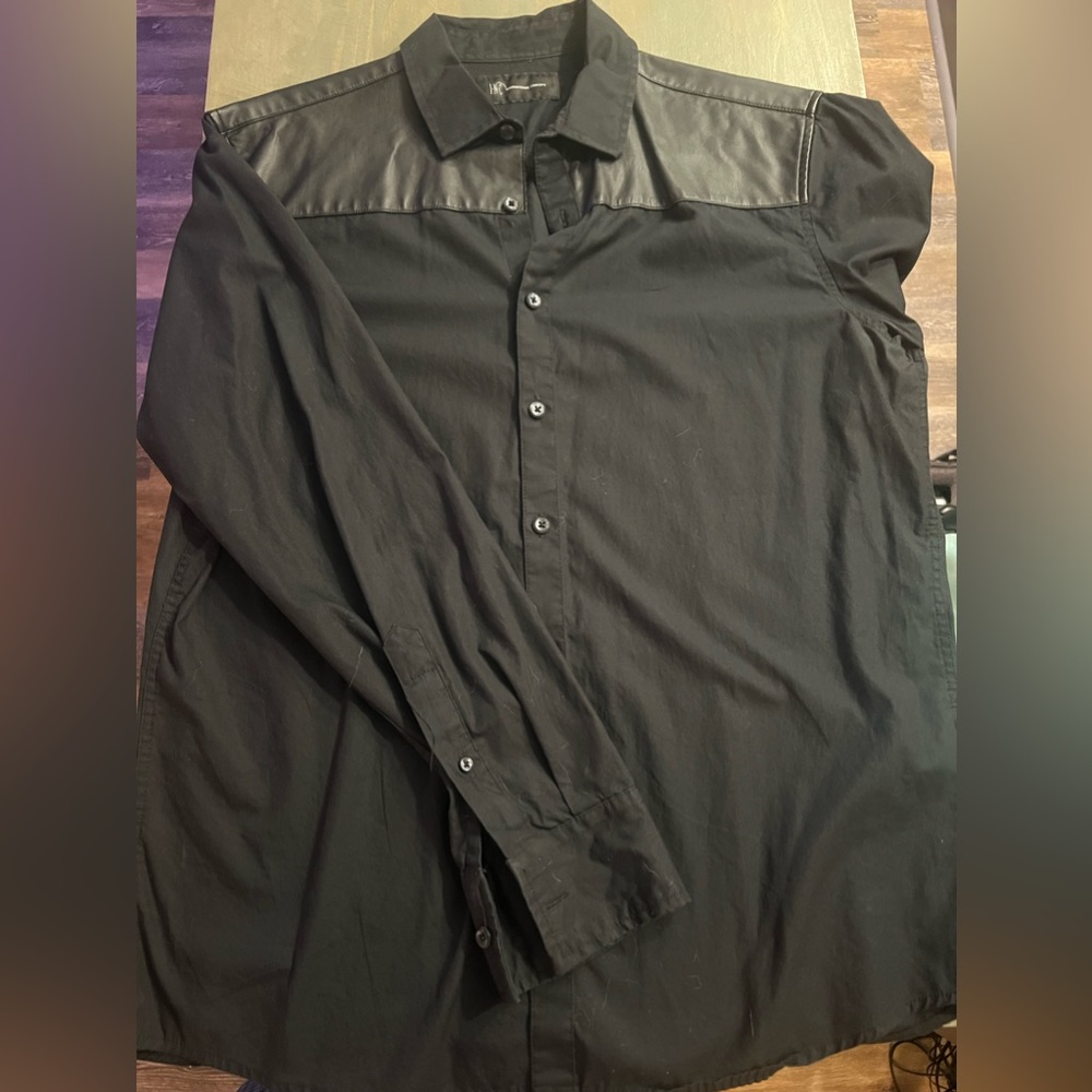 INC Men’s Black Button Up Faux Leather Shoulders Medium